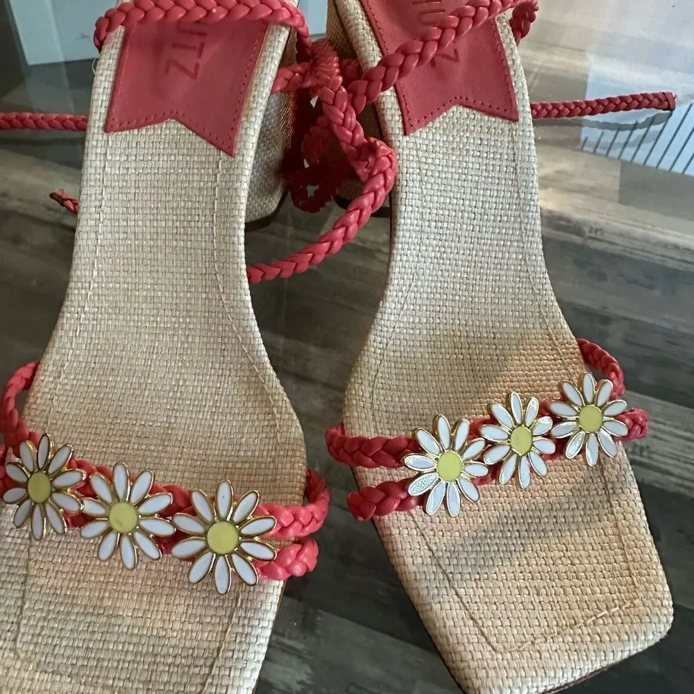 Red Braided Sandals with Daisy Accents